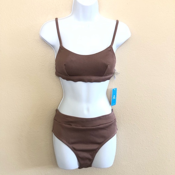 Cupshe Ribbed Texturized Scoop Neck Bralette High Waisted Bikini Swim Set Size S - Picture 1 of 14